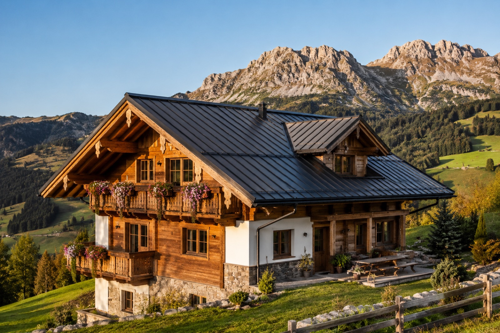 Holzchalet mit schwarzem Stehfalz-Metalldach vor Tiroler Bergen