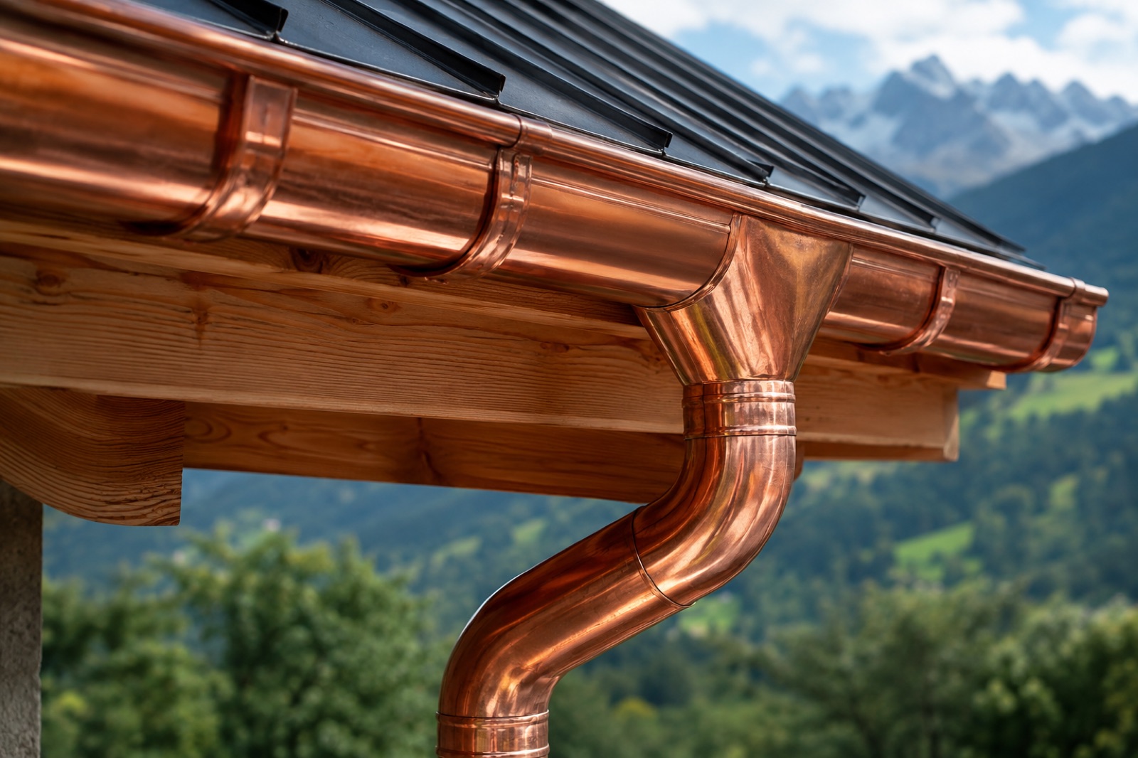Glänzende Kupfer-Dachrinne und Fallrohr an einem Dach mit Bergblick