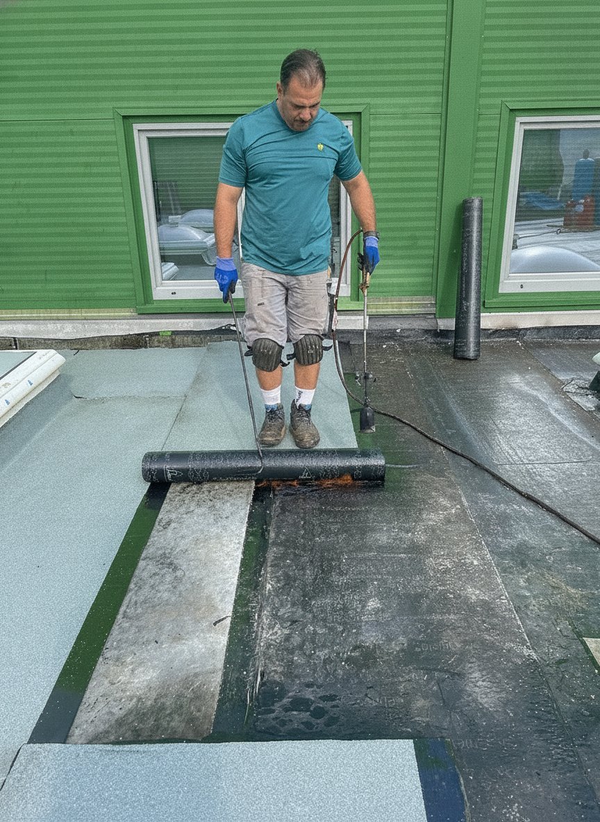Spengler verlegt eine Bitumen-Dachbahn auf einem Flachdach