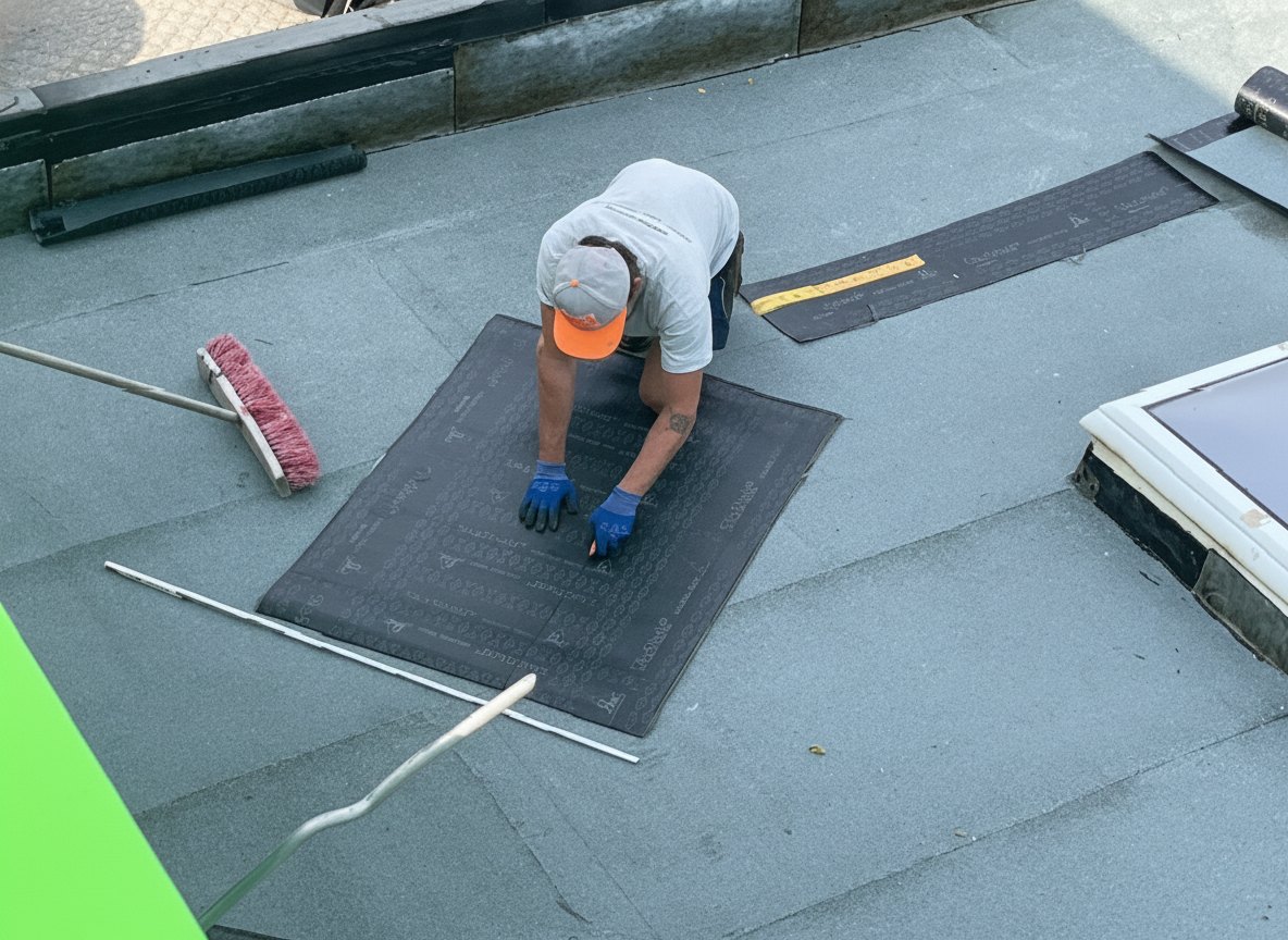 Dachdecker schneidet eine Bitumen-Abdichtungsbahn auf einem Flachdach zu