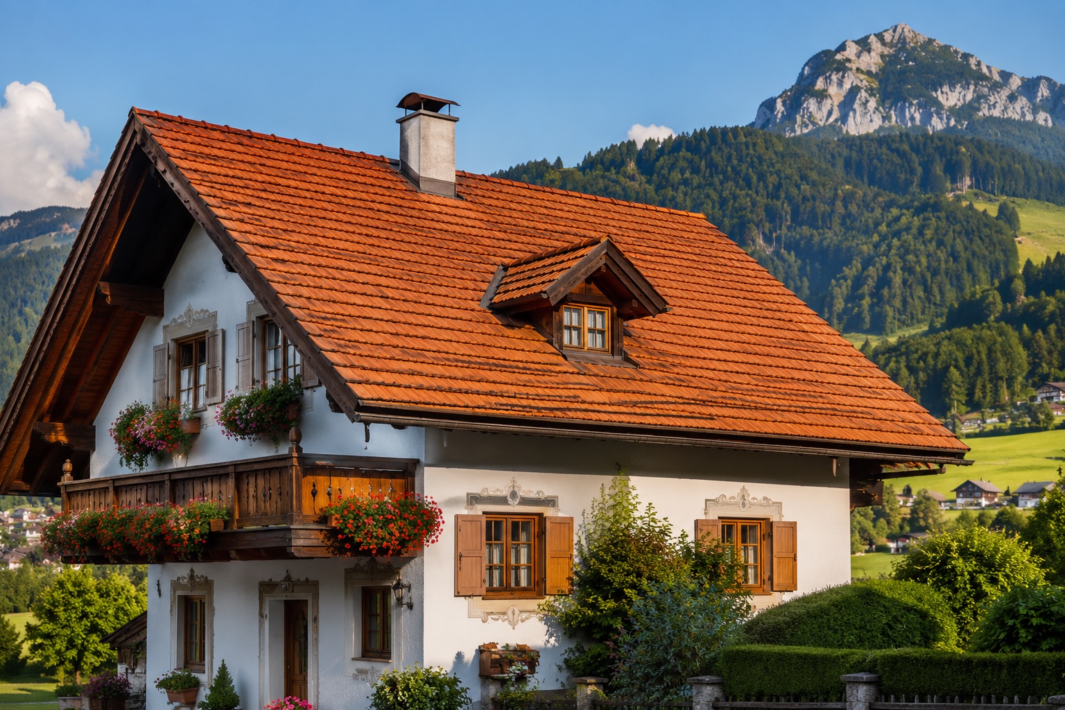 Steiles rotes Tondachziegel-Dach eines Tiroler Hauses vor Bergen